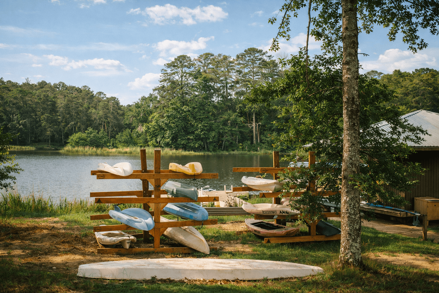 Kayaks and boat dock at Camp Bratton-Green