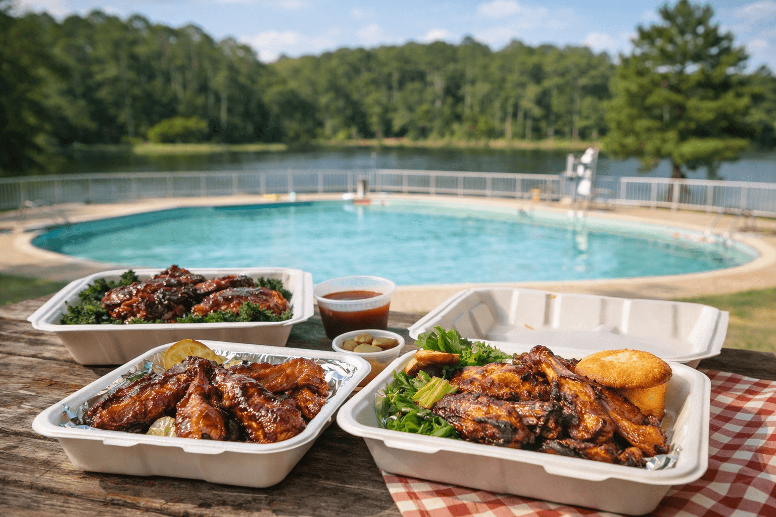 BBQ spread by the pool at camp